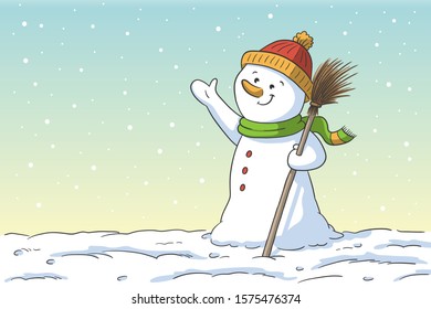 Cute cartoon snowman. Hand drawn vector illustration with separate layers.