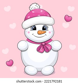 Cute cartoon snowman in a hat and bow. Winter vector illustration on a pink background with hearts.