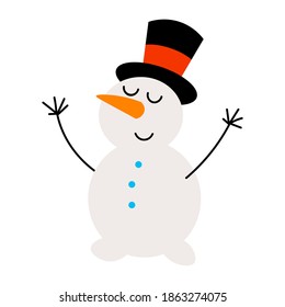 Cute cartoon snowman in hat in flat style isolated on white background. Happy Christmas and New Year icon. Vector illustration.  