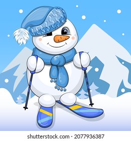 Cute cartoon snowman with hat, scarf and skis. Winter vector illustration with snow and mountains on a blue background.