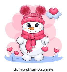 Cute cartoon snowman with hat and scarf holding a heart. Vector illustration on a pink background.