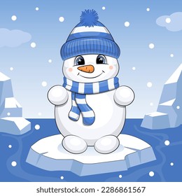 A cute cartoon snowman in a hat and scarf is swimming on the ice. Winter vector illustration on a blue background with snow.