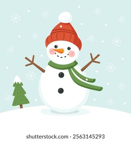 Cute cartoon snowman with hat and scarf. Vector illustration