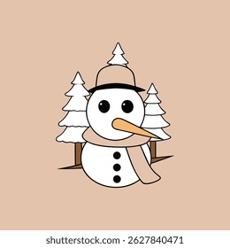 Cute cartoon snowman with hat scarf and pine trees for winter holiday designs