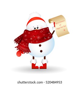 Cute cartoon Snowman holding a letter with the wishes of Merry Christmas and Happy New Year isolated on white background. Vector  illustration.