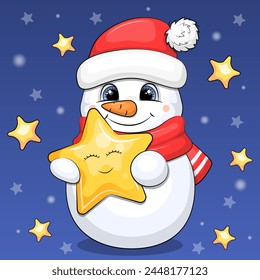 Cute cartoon snowman is holding a yellow star. Night vector illustration on a dark blue background with stars.