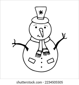 Cute cartoon snowman. Holiday vector illustration. Decor element for winter holidays. Vector illustration with isolated object on the white background.