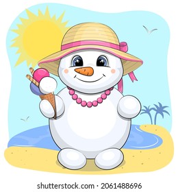 Cute cartoon snowman with ice cream, hat and necklace. Summer vector illustration with beach, sun, sea and palm trees.