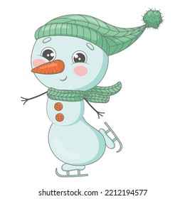 Cute cartoon snowman in a knitted hat and scarf is skating