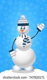 Cute cartoon snowman in knitted hat and mittens on blue snowy background. Vector illustration, clip art.