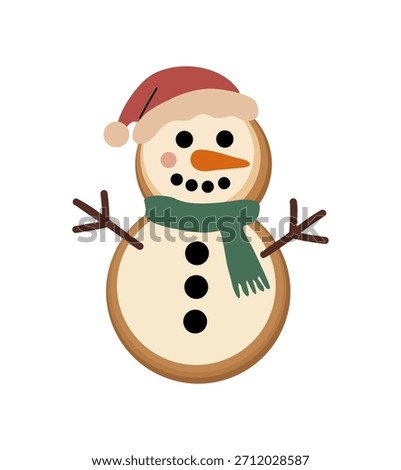 Cute cartoon snowman made from round cookies with a Santa hat, green scarf, carrot nose, and cookie stick arms. Soft minimalist style on a white background