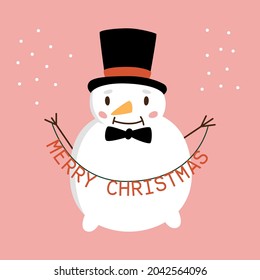 A cute cartoon snowman magician with a black cap on his head and a signboard - Merry Christmas, stands on a pink background. Vector flat illustration.