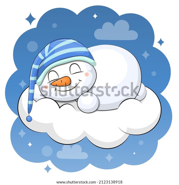 A cute cartoon snowman\
in a nightcap sleeps on a cloud. Night vector illustration with\
blue background.