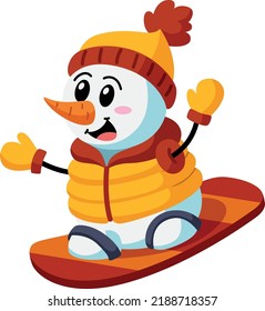 Cute cartoon snowman on snowboard. Winter outdoor fun