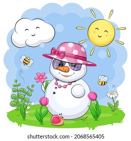Cute cartoon snowman in a pink hat and necklace. Spring vector illustration with flowers, bees, snails, sun, cloud.