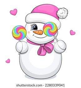 A cute cartoon snowman in a pink hat is holding two lollipops. Vector illustration on white background with pink hearts.