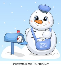 A cute cartoon snowman postman with a blue bag and hat stands next to the mailbox. Winter vector illustration on a blue background.