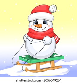 Cute cartoon snowman in a red hat and scarf is sledding. Winter vector illustration.