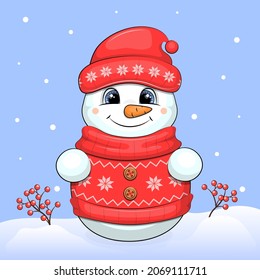 Cute cartoon snowman in a red hat and warm sweater. Winter vector illustration on a blue background with snow.