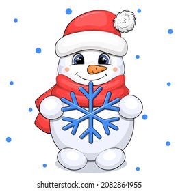 Cute cartoon snowman in red hat and scarf holds a snowflake. Vector illustration on white background with blue spots.