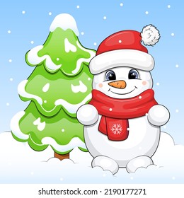 A cute cartoon snowman in red hat   scarf stands near the fir tree  Winter vector illustration blue background and snow 