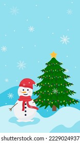 Un lindo caricaturista con un sombrero rojo y una bufanda paran cerca del árbol de abetos. Ilustración vectorial de invierno sobre fondo azul con nieve.