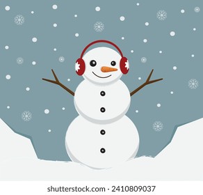 Cute cartoon snowman with red headphones.Winter vector illustration on a blue background with snow.