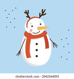 A cute cartoon snowman in a red scarf stands in a rim of deer horns on his head. Vector flat illustration.