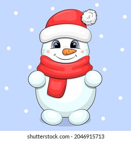 Cute cartoon snowman with red scarf and hat. Vector illustration on a blue background with snow.