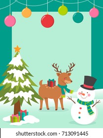 Cute cartoon snowman and reindeer illustration with copy space for christmas card 
