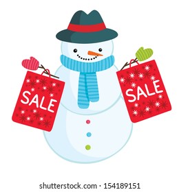 Cute cartoon snowman with sale bags