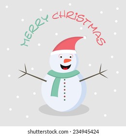 Cute cartoon of a snowman in Santa hat for Merry Christmas celebration. 