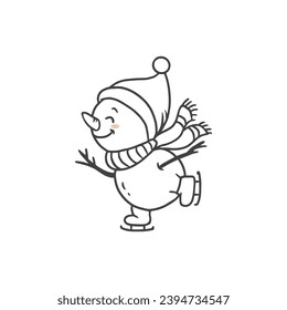 cute cartoon snowman is skating. Illustration in doodle style for christmas card. Vector illustration