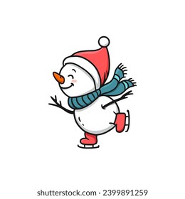 cute cartoon snowman is skating. Illustration in doodle style for christmas card. Vector illustration