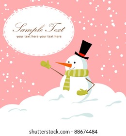 Cute cartoon snowman smiling on snow winter Christmas background card