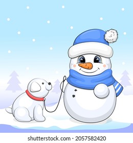 Cute cartoon snowman with snow dog. Winter vector illustration on a blue background.