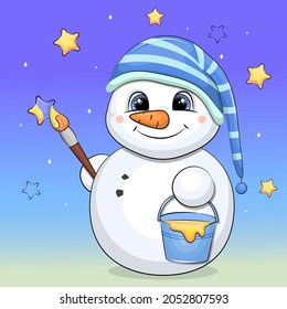 A cute cartoon snowman in a striped nightcap paints stars. Night vector illustration on a blue background.