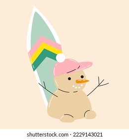 Cute cartoon snowman with surfboard on sand beach. Hand drawn vector illustration. Funny Christmas character card template.