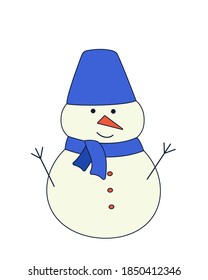 Cute cartoon snowman, symbol of winter and Christmas, vector illustration of isolate on white.