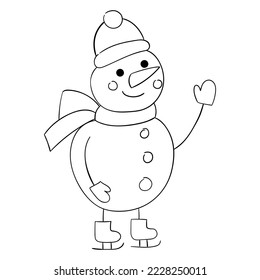 Cute cartoon snowman with a thin line. Vector illustration of a doodle
