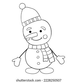 Un muñeco de nieve de dibujos animados con una delgada línea. Ilustración vectorial de un doodle.