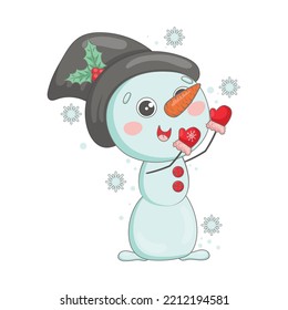 Cute cartoon snowman in a top hat decorated with holly catches snowflakes