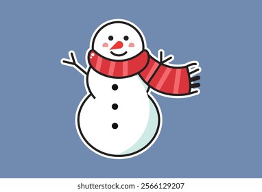 Cute cartoon snowman vector icon on a snowy winter day with a festive scarf and hat surrounded by snowflakes and holiday cheer