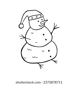 Caricatura de muñeco de nieve, ilustración vectorial del estilo doodle. Aislado sobre blanco