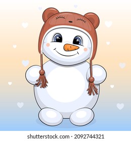 Cute cartoon snowman wearing a brown bear hat. Winter vector illustration on colorful background with hearts.