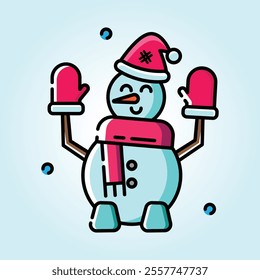 A cute cartoon snowman wearing a festive hat and mittens. Perfect for winter holiday greetings.