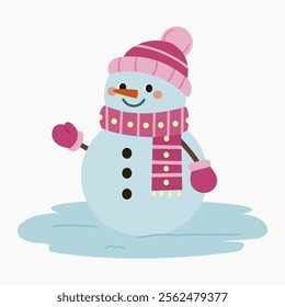 Cute cartoon snowman wearing pink scarf, beanie and mittens vector illustration isolated on white background	