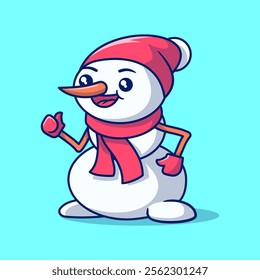 Cute cartoon snowman wearing a red hat, scarf, and gloves