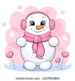Un muñeco de nieve de dibujos animados con una bufanda y cuatro auriculares. Ilustración vectorial invernal en un fondo rosado con corazones.