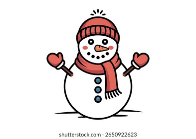 Cute cartoon snowman with winter accessories.